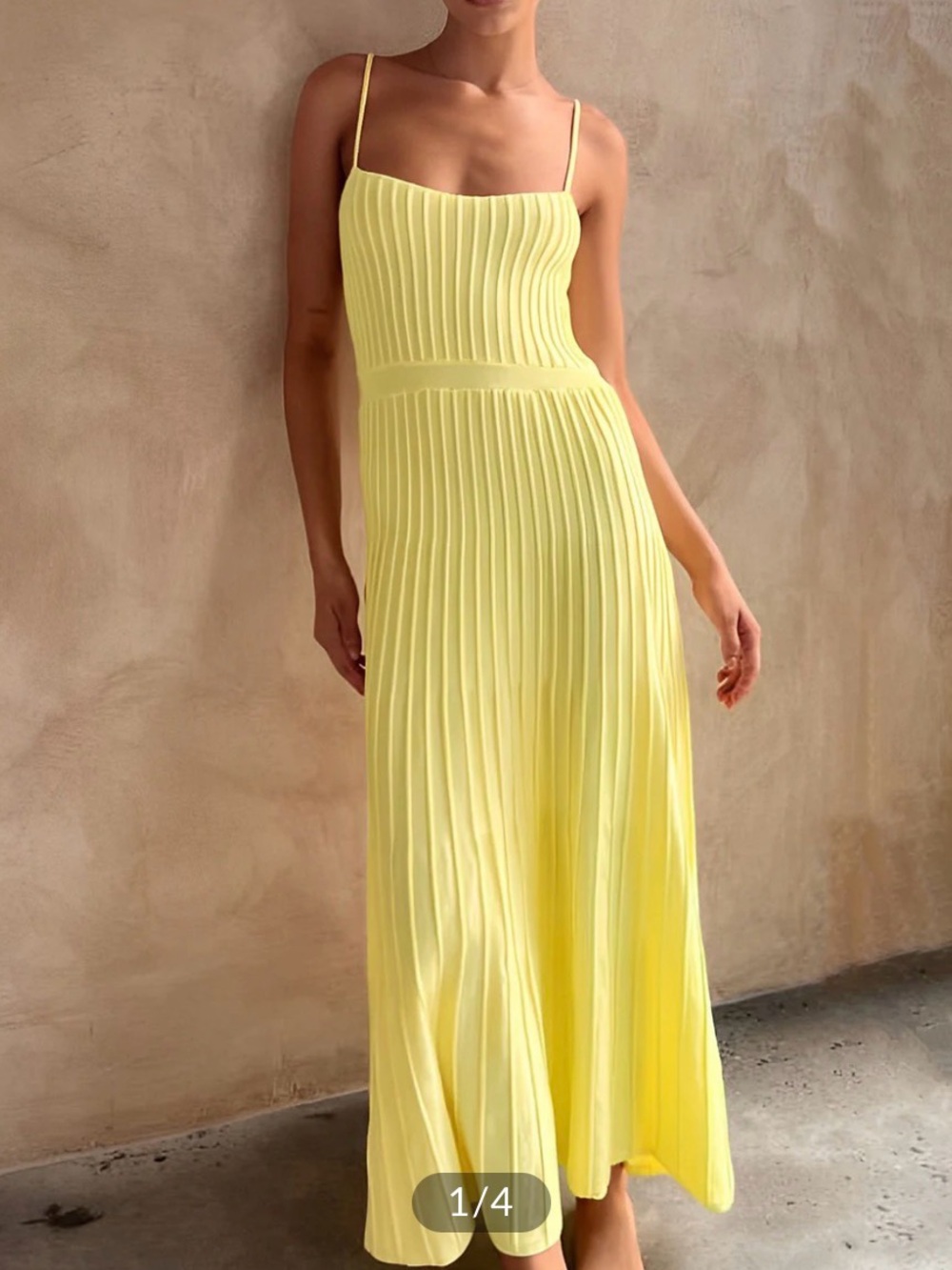 Commense Yellow Pleated Spaghetti-Strap Maxi Dress